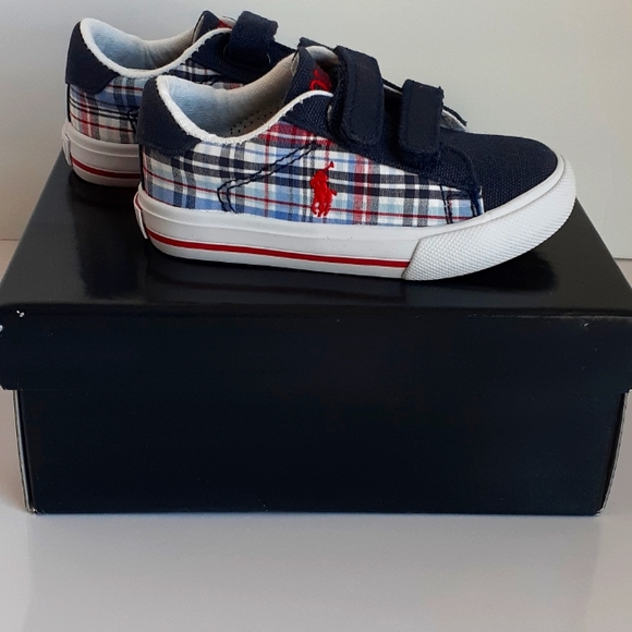 Polo Ralph Lauren Other - Polo Ralph Lauren Boys Plaid Canvas Sneakers Velcro Red Pony Toddler Sz 6